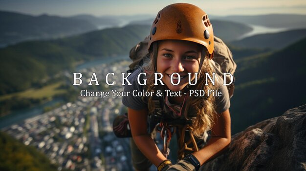 PSD woman with a rope engaged in the sports of rock climbing on the rock