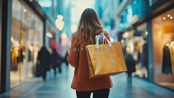 PSD 街の通りを歩くショッピングバッグを持った女性