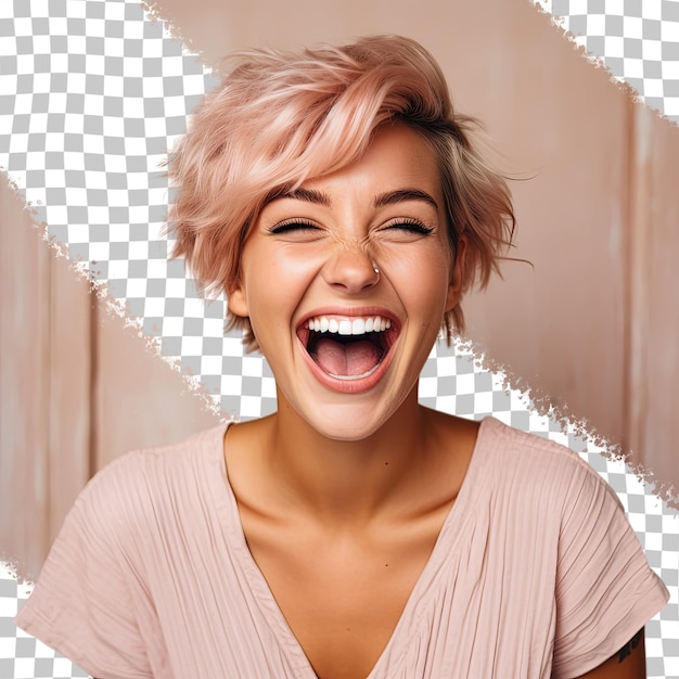 PSD woman with short fair hair smiling happily displaying perfect teeth and celebrating indoors after receiving a marriage proposal