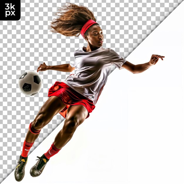 PSD a woman with a soccer ball in the air with a white background