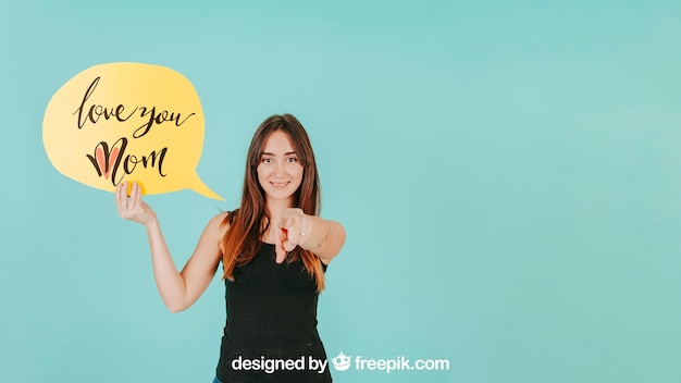 PSD woman with speech bubble mockup