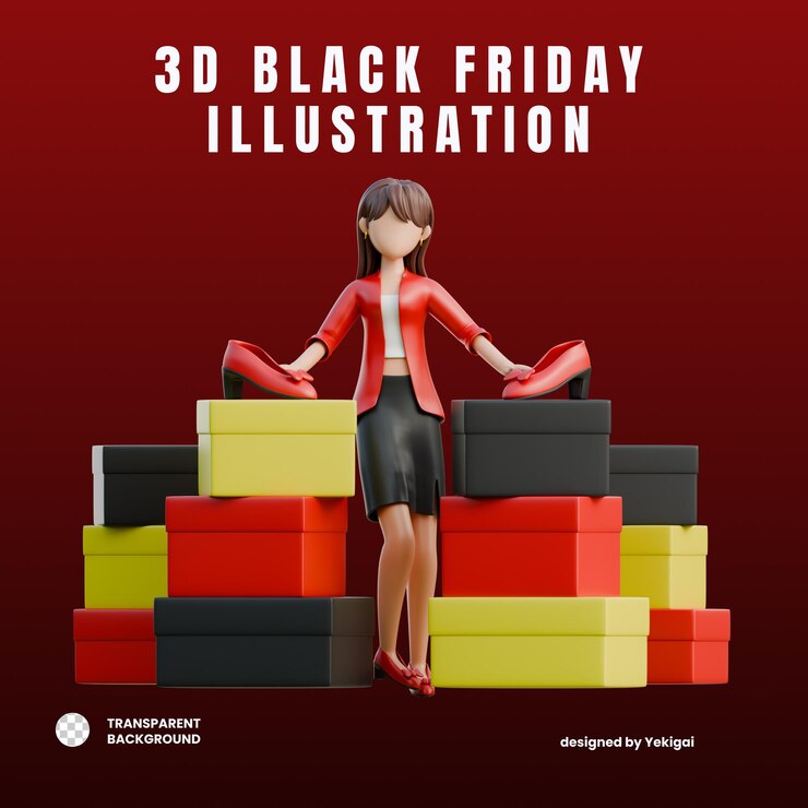 PSD woman with stacks of boxes 3d black friday shopping girl illustration