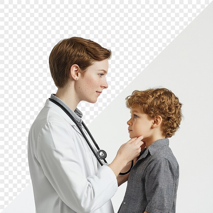PSD a woman with a stethoscope on her neck stands next to a young boy