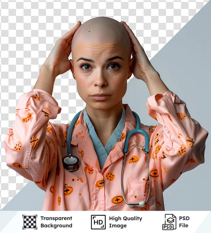 PSD woman with a stethoscope wearing a pink patterned scrubs with transparent background psd file