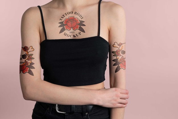 Woman with tattoo mock-up on chest and arms