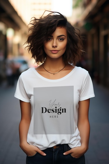 A woman with a white shirt that says design design.