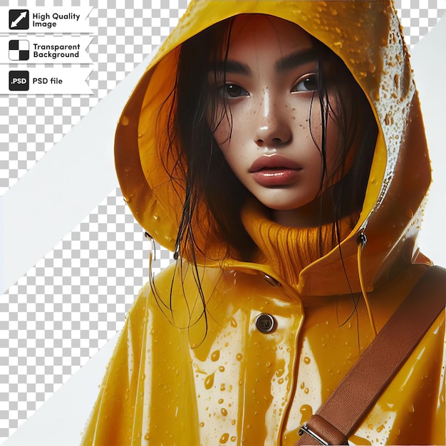 PSD a woman with a yellow raincoat on her head