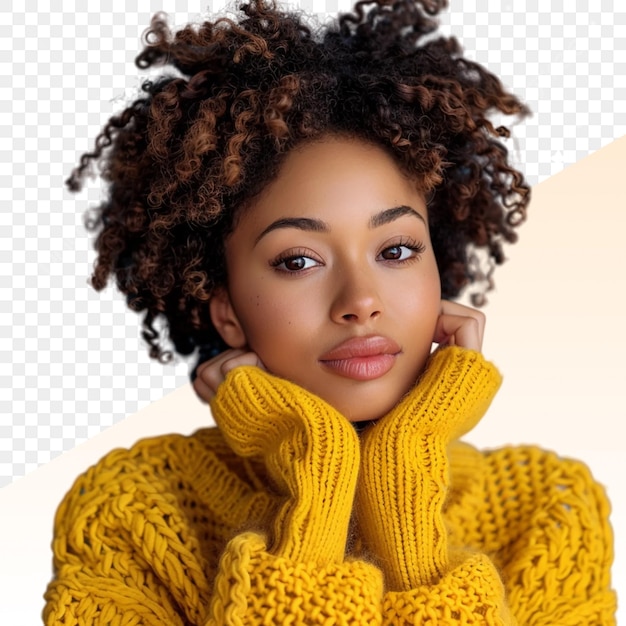 a woman with a yellow sweater that says shes a selfie