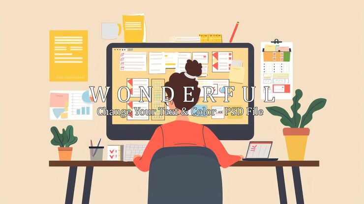 PSD woman working on computer with task list