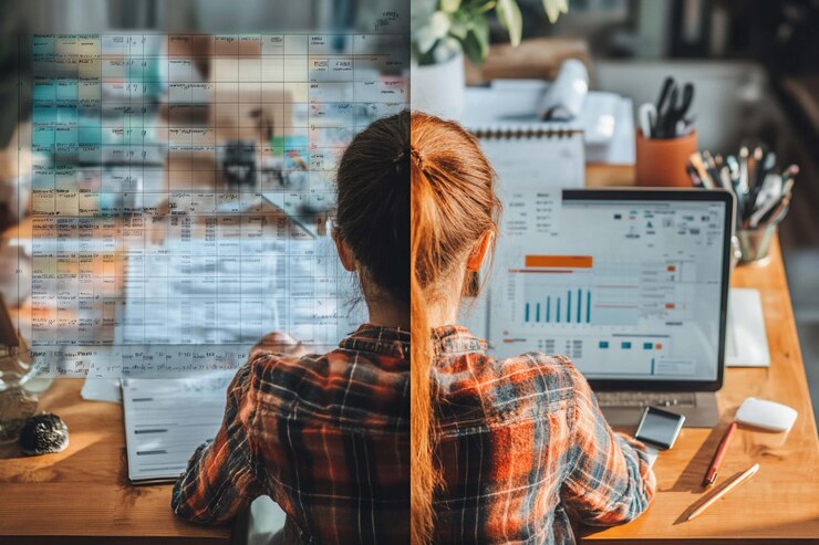 PSD woman working at a desk split view one side showing a cluttered workspace with paperwork the other showing a focused view on a laptop with charts and graphs