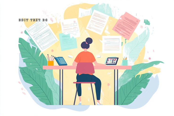 PSD woman working at desk surrounded by documents and stationery