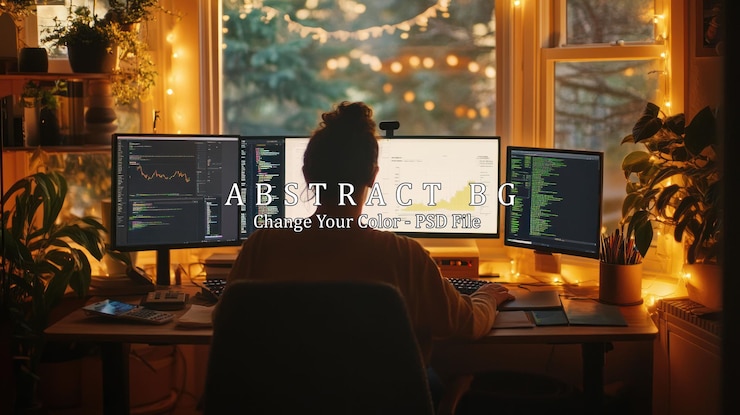 PSD woman working on a desk with multiple monitors