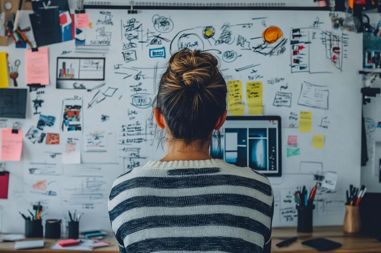 PSD woman working at a desk with a whiteboard full of notes and sketches