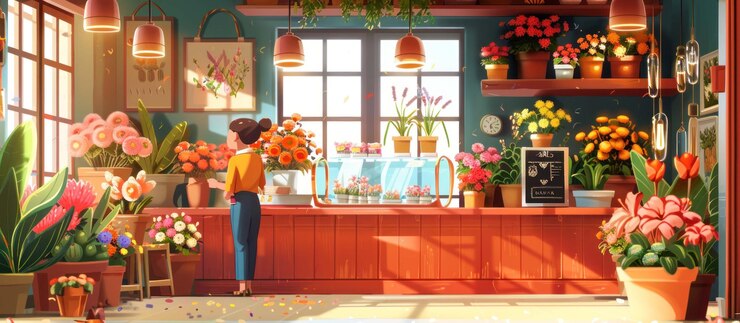 PSD 太陽と暖かい囲気を持つ様々な植物に囲まれた花屋で働く女性