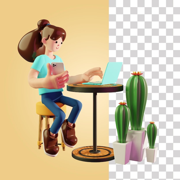 自宅の 3 d イラストレーションから働く女性