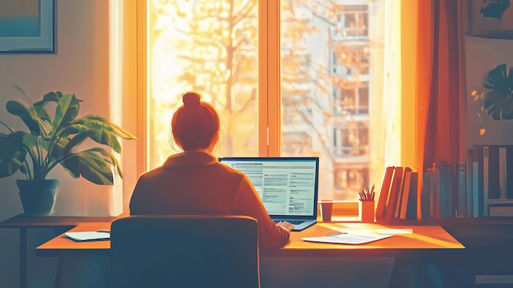 PSD woman working from home at a desk near a window warm sunlight streaming in
