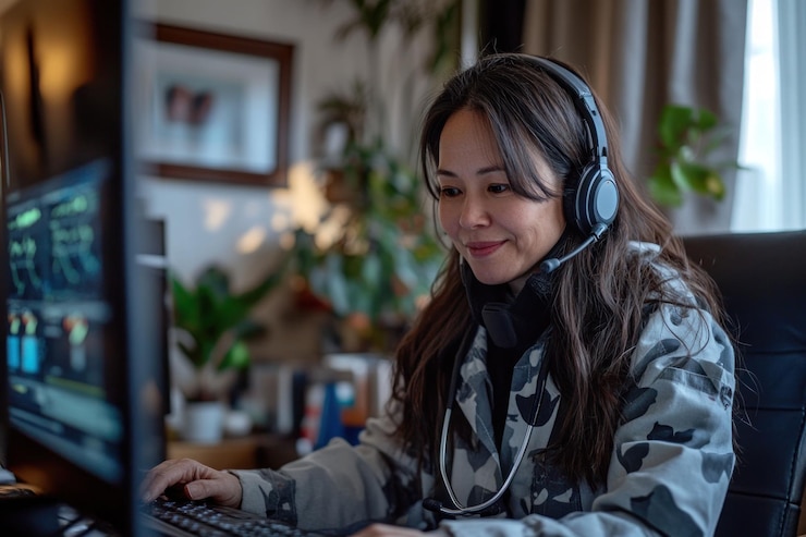 PSD woman working from home wearing headset using computer