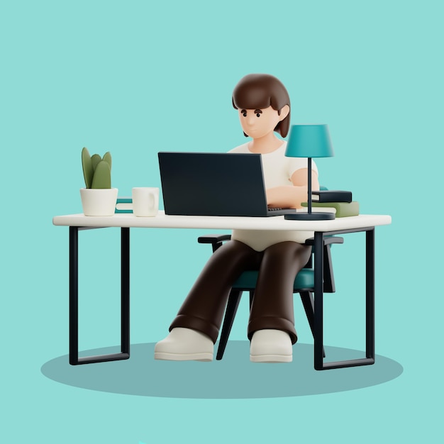 Женщина работает на ноутбуке за своим столом в стиле 3D мультфильма