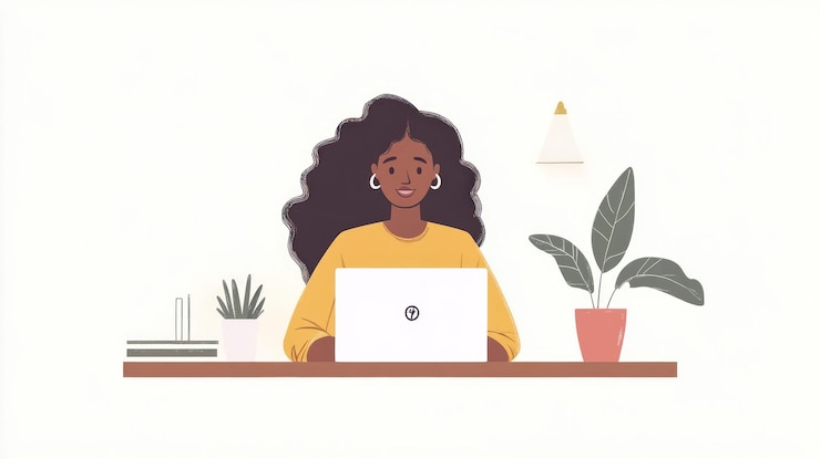 PSD woman working on laptop at home office desk