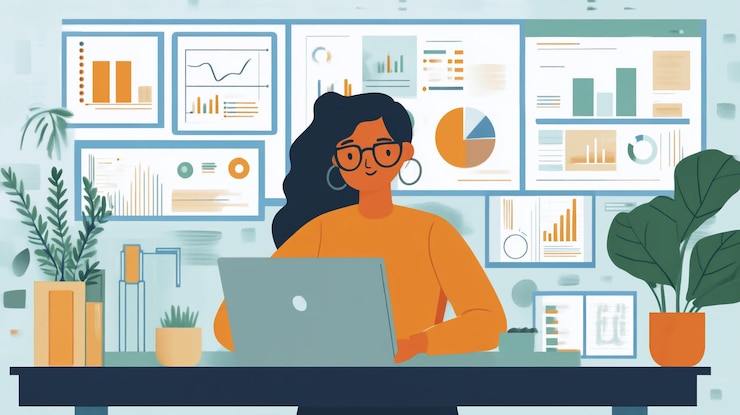 PSD woman working on laptop with data visualizations on wall