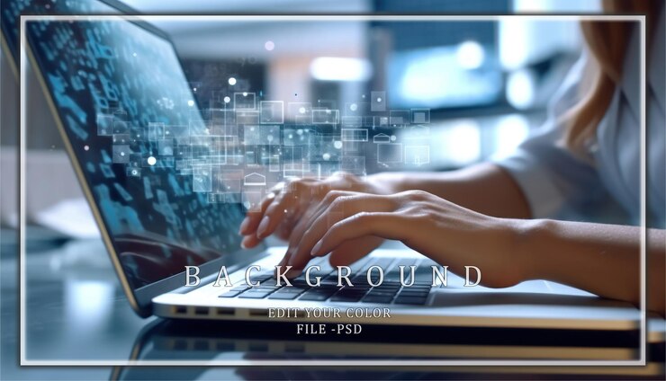 PSD woman working on laptop with digital interface