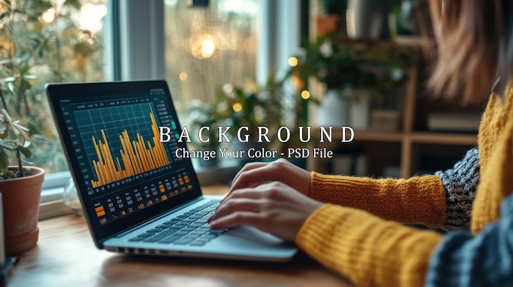 PSD woman working on a laptop with a financial chart displayed on the screen