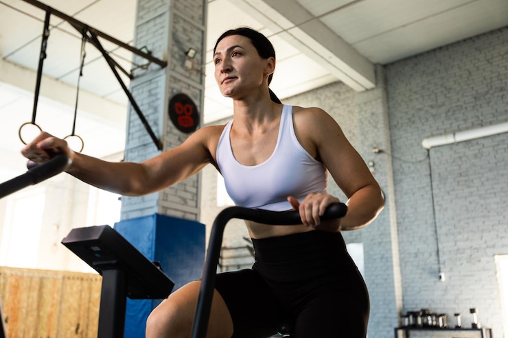 PSD woman working out on an air bike in the gym