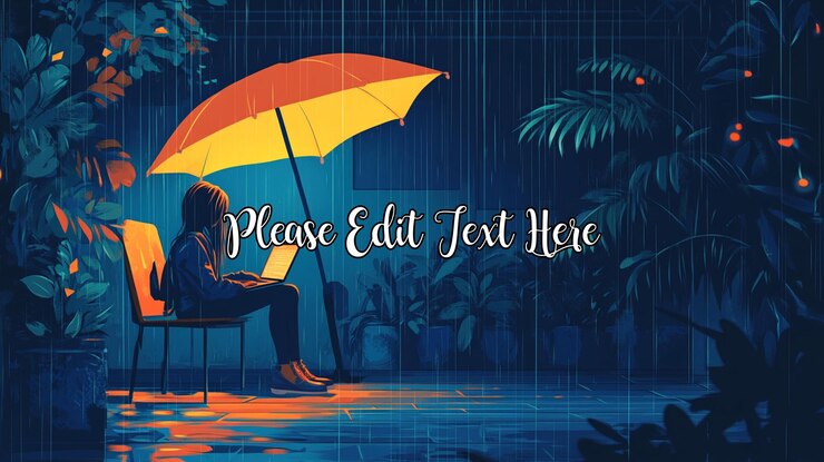 PSD woman works on laptop under umbrella in rain
