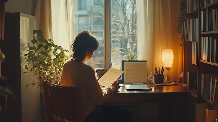 PSD woman writing at a desk by a sunny window in a cozy home office