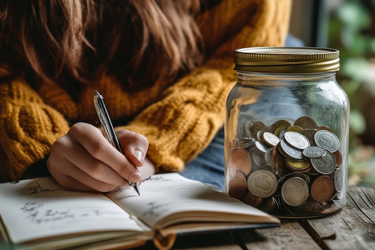PSD woman writing in notebook next to a glass jar filled with coins