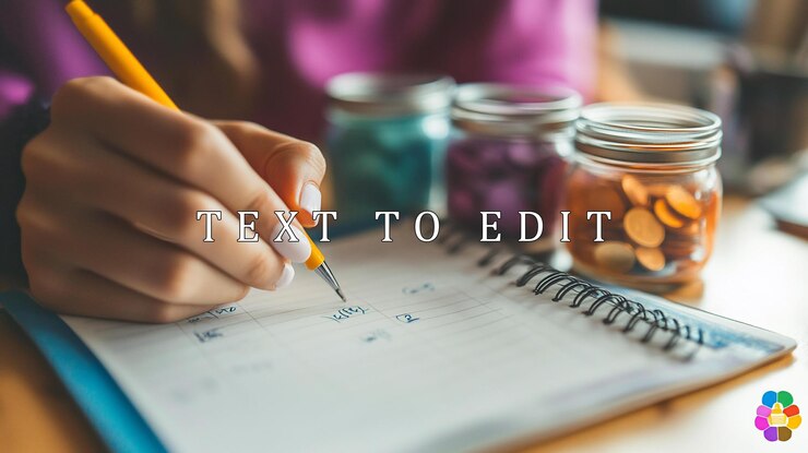 PSD woman writing in notebook near jars of coins planning budget