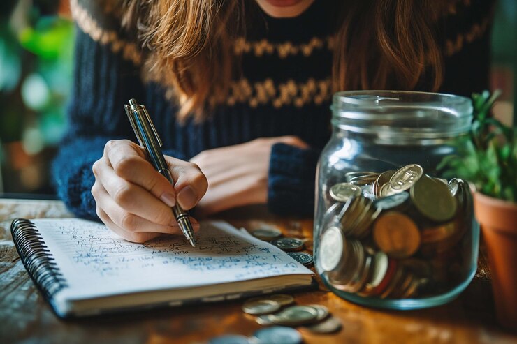 PSD woman writing in notebook with coins and money jar