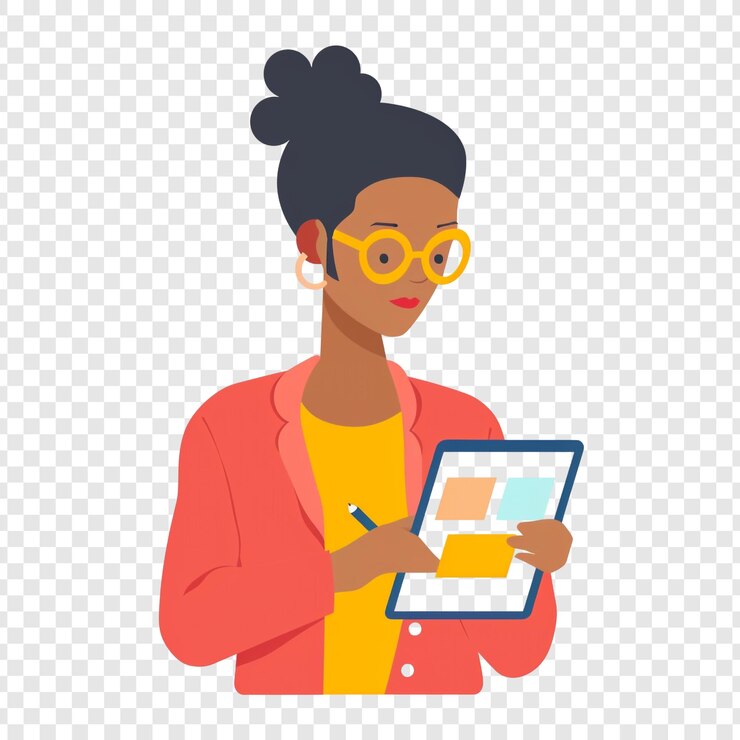 PSD woman writing on a tablet with sticky notes
