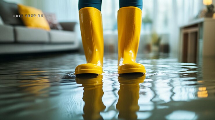 PSD woman in yellow boots standing in floodwater inside a house 1