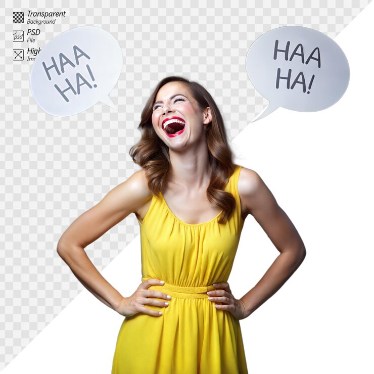 PSD woman in yellow dress laughing with speech bubbles