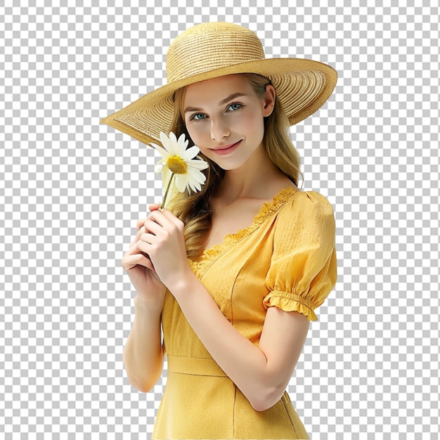 PSD woman in yellow dress and straw hat holding daisy flower