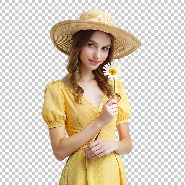 PSD woman in yellow dress and straw hat holding daisy flower