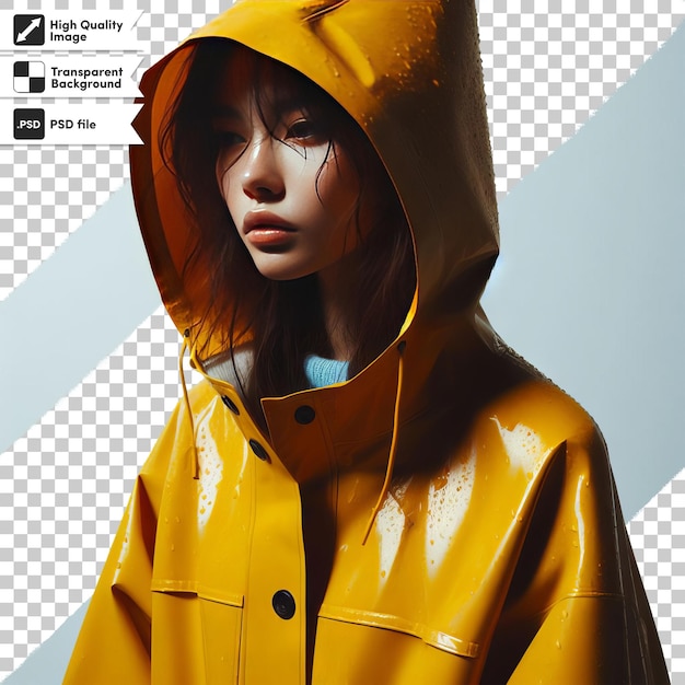 PSD a woman in a yellow raincoat with a white spot on the front