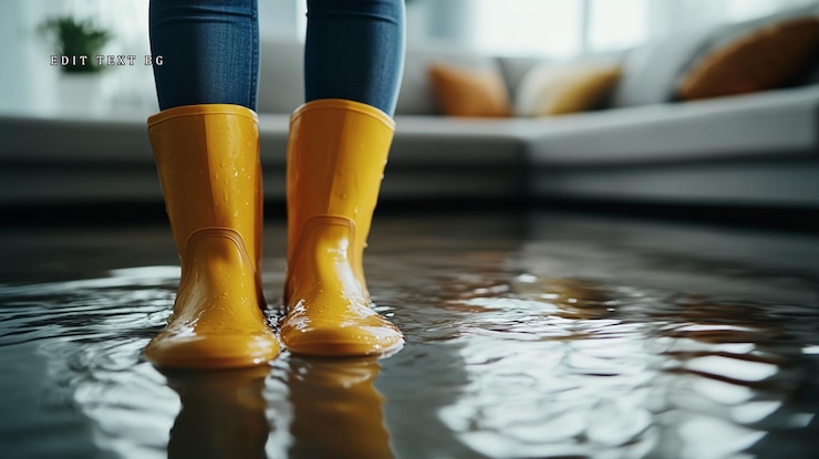 PSD woman in yellow rubber boots standing in floodwater inside a house