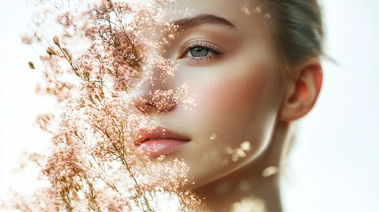 PSD 女性の顔は自然の美しさとスキンケアを示す花がく枝と融合しています