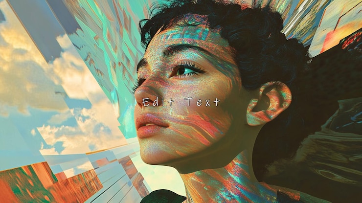 PSD womans face with colorful abstract patterns looking up at sky