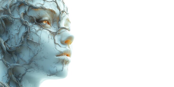 PSD womans face with cracked porcelain texture isolated on transparent background