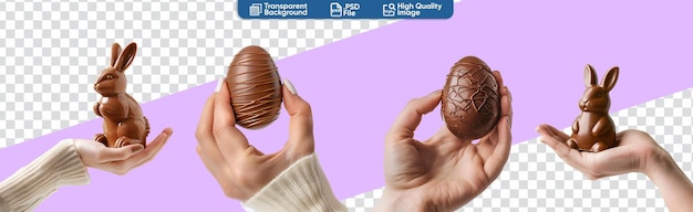Womans hand clutching chocolate easter egg and bunny for easter