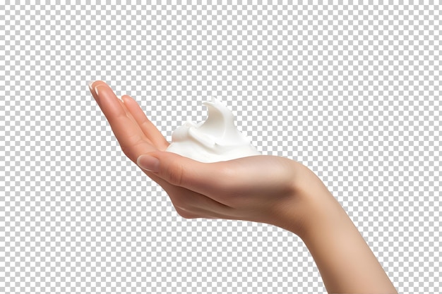 PSD 透明な背景に隔離された白いクリームを握る女性の手