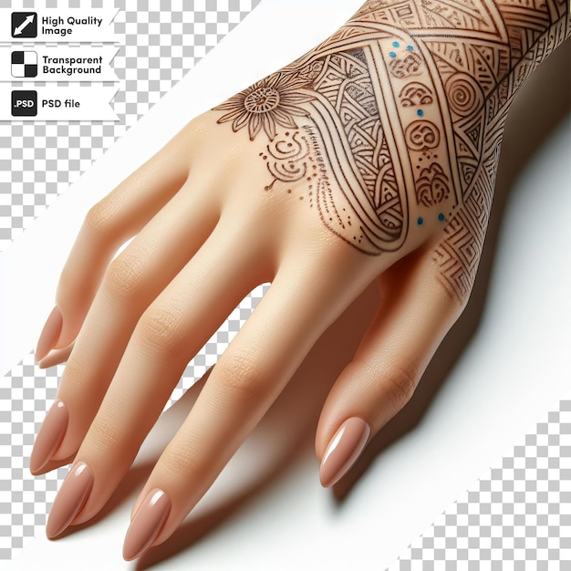 PSD a womans hand with a henna tattoo on it