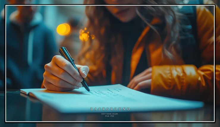 PSD womans hand writing in a notebook with pen closeup