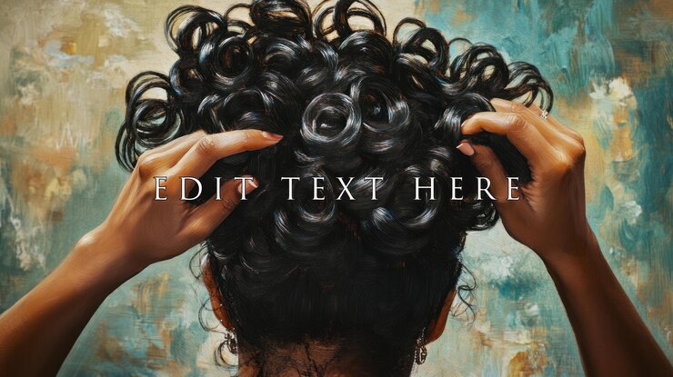 PSD womans hands arranging voluminous curly dark hair against an artistic backdrop