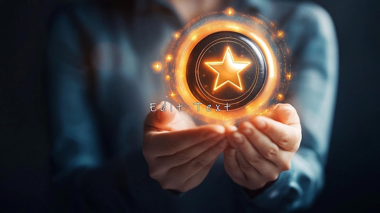 PSD womans hands holding glowing star award