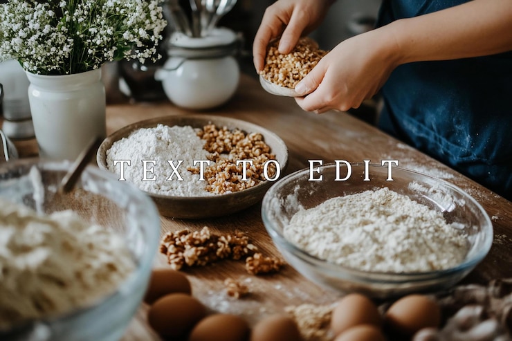 PSD womans hands preparing ingredients for baking including flour nuts and eggs on a wooden table