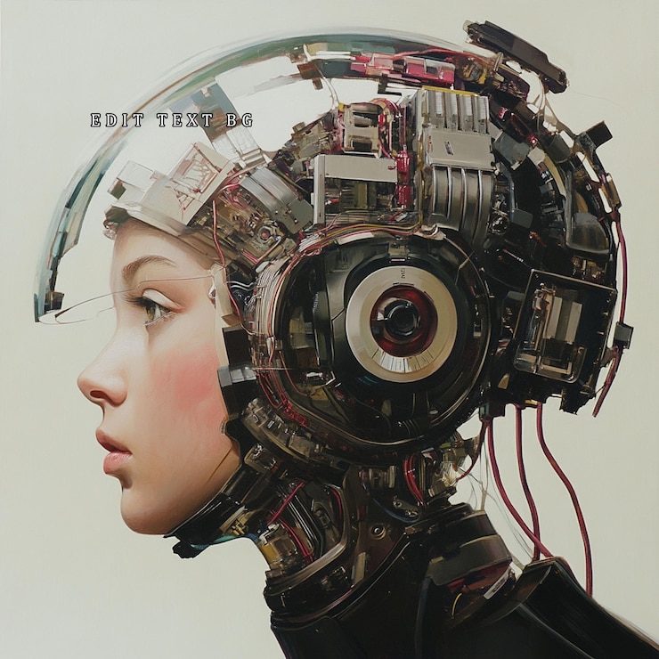 PSD 複雑な機械部品が組み込まれた女性のプロフィールで 未来的なサイボーグや ロボット人間ハイブリッドを示唆しています